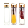 450ml Double Wall Tea fruit Infuser Wood Bamboo Lid Drinking Glass Water Bottle reusable glass water bottle